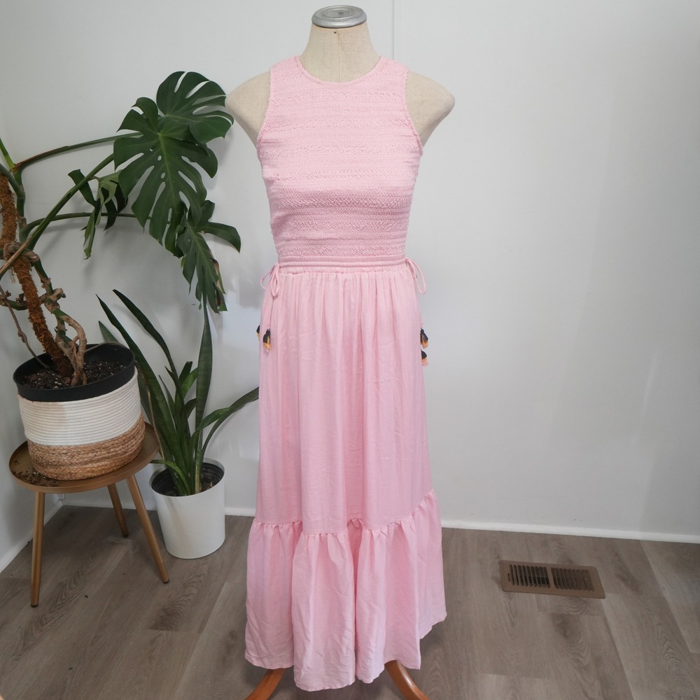 DOLAN Smocked Tiered Maxi Dress Womens XS Pink Boho Tassel Summer Sleeveless
